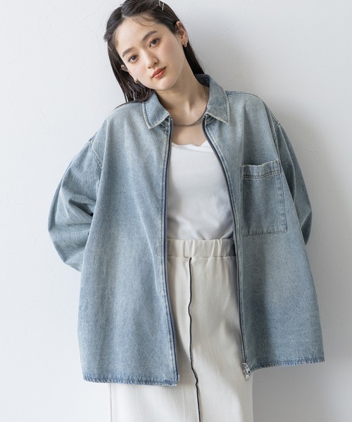 セール】【UNISEX】 overdyed denim loose shirt/選べる着丈/Wジップ
