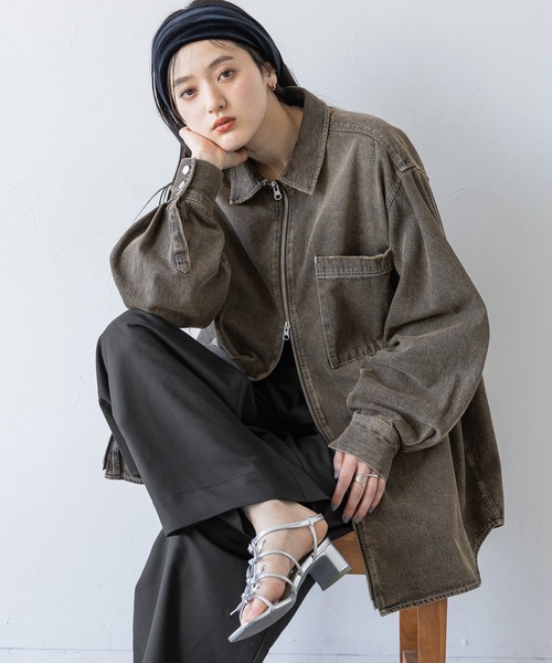セール】【UNISEX】 overdyed denim loose shirt/選べる着丈/Wジップ