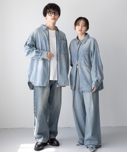【匿名配送】RAGEBLUE Wジップオーバーダイ加工デニムルーズシャツ UNISEX】 overdyed denim loose shirt/選べる着丈/Wジップ