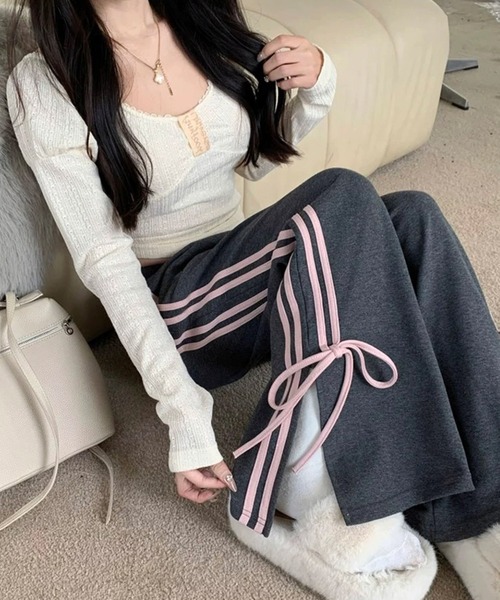 shopnikoniko(ショップニコニコ)の「サイドリボン スウェットパンツ トラックパンツ(スウェットパンツ・レディース・グレー・フリー)」の4枚目の写真