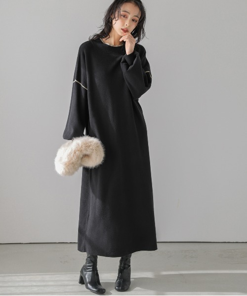 AMELY（エミリー）の「ニットロングワンピ―ス（ワンピース・レディース・ベージュ×ブラック/ブラック×ベージュ/ブラック×ホワイト・フリー）」の3枚目の写真