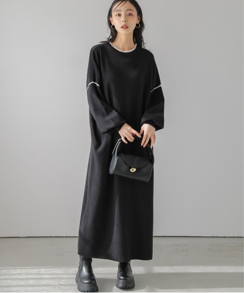 AMELY（エミリー）の「ニットロングワンピ―ス（ワンピース・レディース・ベージュ×ブラック/ブラック×ベージュ/ブラック×ホワイト・フリー）」の2枚目の写真