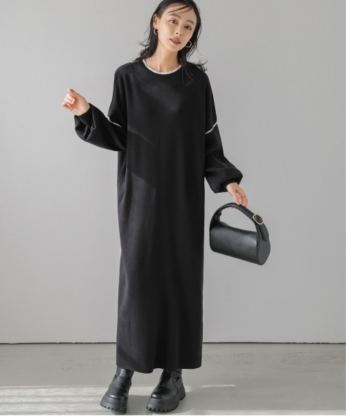 AMELY（エミリー）の「ニットロングワンピ―ス（ワンピース・レディース・ベージュ×ブラック/ブラック×ベージュ/ブラック×ホワイト・フリー）」の4枚目の写真