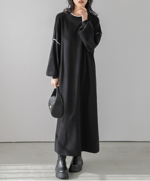 AMELY（エミリー）の「ニットロングワンピ―ス（ワンピース・レディース・ベージュ×ブラック/ブラック×ベージュ/ブラック×ホワイト・フリー）」の5枚目の写真