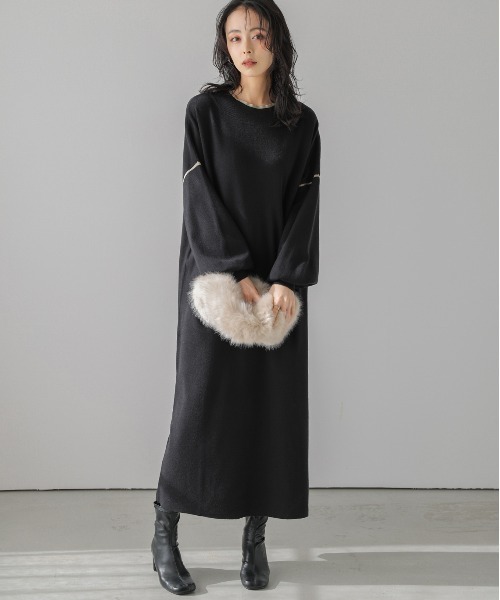 AMELY（エミリー）の「ニットロングワンピ―ス（ワンピース・レディース・ベージュ×ブラック/ブラック×ベージュ/ブラック×ホワイト・フリー）」の8枚目の写真