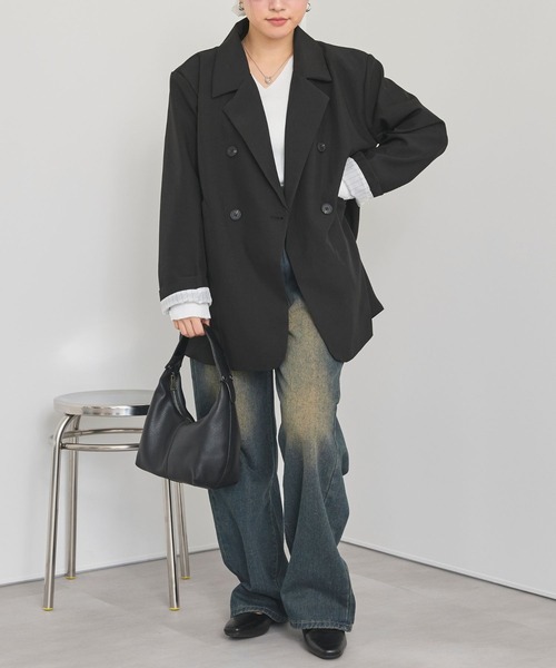 LinoU.(リノユー)の「オーバーサイズダブルブレストジャケット(テーラードジャケット・レディース・ブラック/アイボリー/ブラウン・S/M/L)」の9枚目の写真