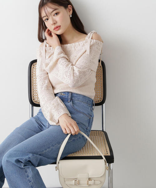PROPORTION BODY DRESSING(プロポーションボディドレッシング)の「透かし編みオフショルニット / 1215170311(ニット/セーター・レディース・ピンク/ライトグリーン/ベージュ・FREE)」の2枚目の写真