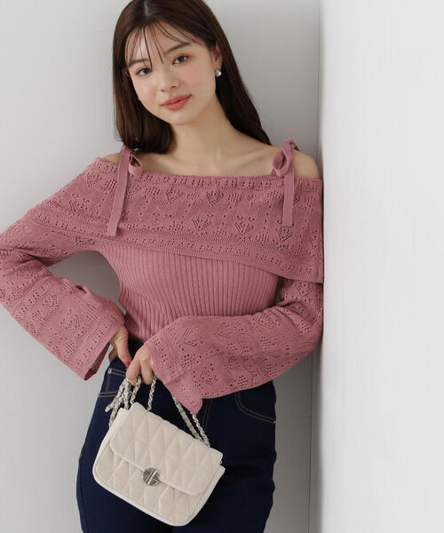PROPORTION BODY DRESSING(プロポーションボディドレッシング)の「透かし編みオフショルニット / 1215170311(ニット/セーター・レディース・ピンク/ライトグリーン/ベージュ・FREE)」の1枚目の写真
