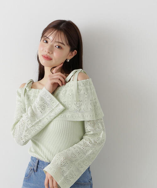 PROPORTION BODY DRESSING(プロポーションボディドレッシング)の「透かし編みオフショルニット / 1215170311(ニット/セーター・レディース・ピンク/ライトグリーン/ベージュ・FREE)」の3枚目の写真