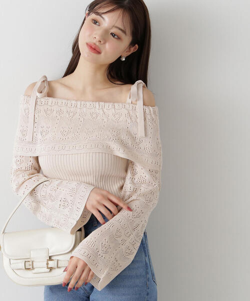 PROPORTION BODY DRESSING(プロポーションボディドレッシング)の「透かし編みオフショルニット / 1215170311(ニット/セーター・レディース・ピンク/ライトグリーン/ベージュ・FREE)」の5枚目の写真