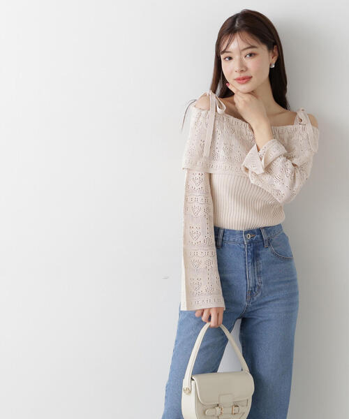 PROPORTION BODY DRESSING(プロポーションボディドレッシング)の「透かし編みオフショルニット / 1215170311(ニット/セーター・レディース・ピンク/ライトグリーン/ベージュ・FREE)」の8枚目の写真