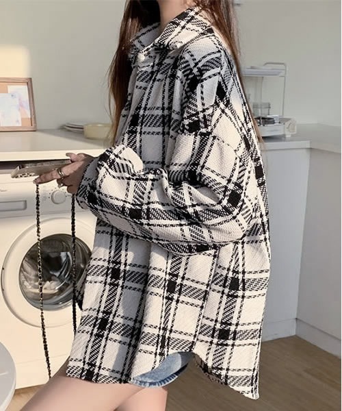 Pittok(ピットク)の「チェック柄オーバーサイズ ツイードシャツ(シャツ/ブラウス・レディース・ブラック/ホワイト・MEDIUM)」の2枚目の写真