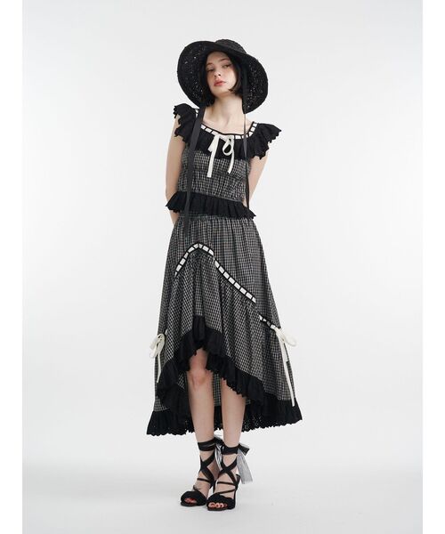 ジュエティ☆リボンステッチアシメスカート＋フリルビスチェ　セットアップ赤タータン セール】リボンステッチアシメロングスカート【セットアップ対応