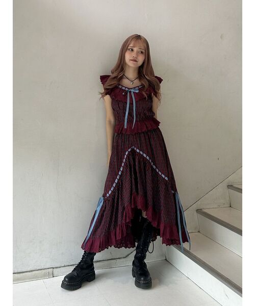 ジュエティ☆リボンステッチアシメスカート＋フリルビスチェ　セットアップ赤タータン ジュエティ☆リボンステッチアシメスカート＋フリルビスチェ