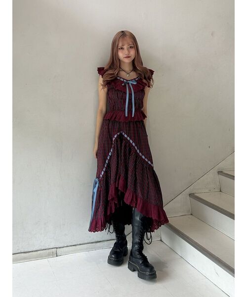 ジュエティ☆リボンステッチアシメスカート＋フリルビスチェ　セットアップ赤タータン セール】リボンステッチアシメロングスカート【セットアップ対応