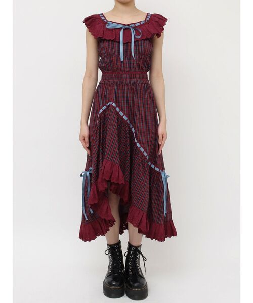 ジュエティ☆リボンステッチアシメスカート＋フリルビスチェ　セットアップ赤タータン セール】リボンステッチアシメロングスカート【セットアップ対応】夏服