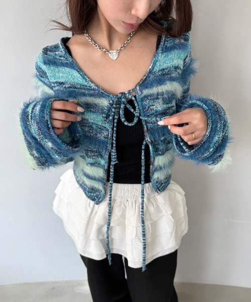 SANSeLF（サンセルフ）の「【SANSeLF】 ボーダーニット  フェザーヤーン カーディガン sanw25a030（カーディガン/ボレロ・レディース・ライトブルー・FREE）」の2枚目の写真