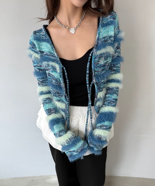 SANSeLF（サンセルフ）の「【SANSeLF】 ボーダーニット  フェザーヤーン カーディガン sanw25a030（カーディガン/ボレロ・レディース・ライトブルー・FREE）」の3枚目の写真