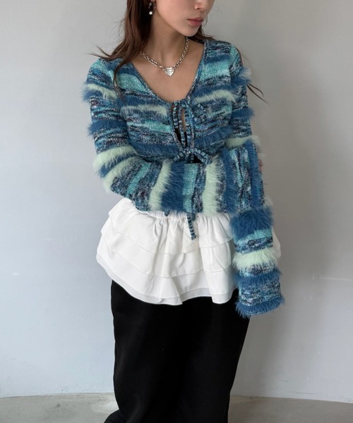 SANSeLF（サンセルフ）の「【SANSeLF】 ボーダーニット  フェザーヤーン カーディガン sanw25a030（カーディガン/ボレロ・レディース・ライトブルー・FREE）」の7枚目の写真