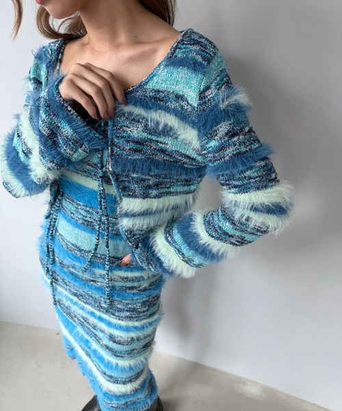 SANSeLF（サンセルフ）の「【SANSeLF】 ボーダーニット  フェザーヤーン カーディガン sanw25a030（カーディガン/ボレロ・レディース・ライトブルー・FREE）」の10枚目の写真