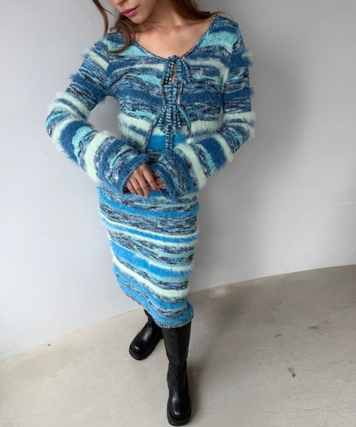 SANSeLF（サンセルフ）の「【SANSeLF】 ボーダーニット  フェザーヤーン カーディガン sanw25a030（カーディガン/ボレロ・レディース・ライトブルー・FREE）」の14枚目の写真