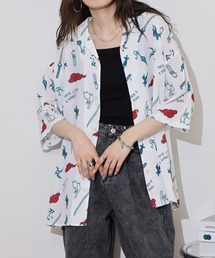 GROVE HOUSE RED 冷感とろみシルクタッチ ポリエステル 総柄プリント S/Sシャツ