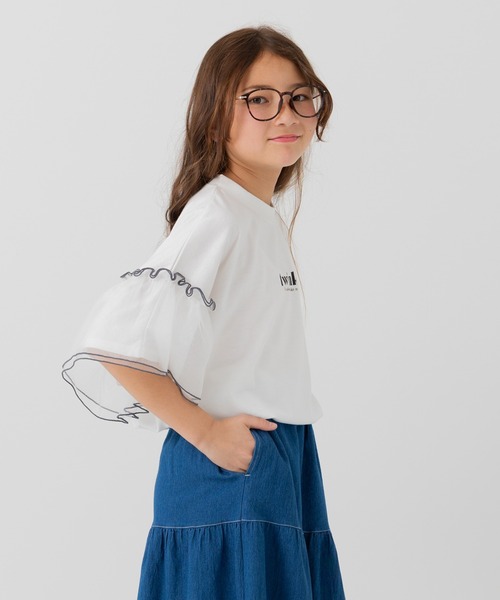 JAM & LINK（ジャムアンドリンク）の「袖チュールフリルTシャツ（Tシャツ/カットソー・キッズ・スモークピンク/ブラック/ホワイト・150cm/160cm/110cm/100cm/120cm/130cm/140cm）」の2枚目の写真