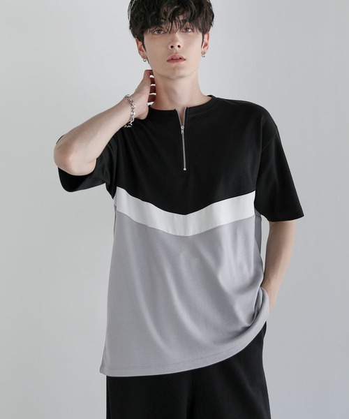ASTRONOMY(アストロノミー)の「Buyer’s Select/ポンチ×フェイクスウェードVCUT切替ハーフジップTシャツ(Tシャツ/カットソー・メンズ・ブラック系/ネイビー系/グレー系・L/M)」の2枚目の写真