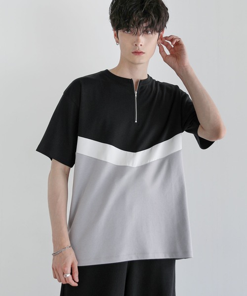 ASTRONOMY(アストロノミー)の「Buyer’s Select/ポンチ×フェイクスウェードVCUT切替ハーフジップTシャツ(Tシャツ/カットソー・メンズ・ブラック系/ネイビー系/グレー系・L/M)」の9枚目の写真