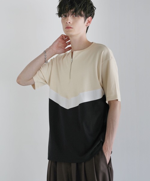 ASTRONOMY(アストロノミー)の「Buyer’s Select/ポンチ×フェイクスウェードVCUT切替ハーフジップTシャツ(Tシャツ/カットソー・メンズ・ブラック系/ネイビー系/グレー系・L/M)」の5枚目の写真