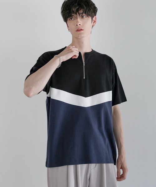ASTRONOMY(アストロノミー)の「Buyer’s Select/ポンチ×フェイクスウェードVCUT切替ハーフジップTシャツ(Tシャツ/カットソー・メンズ・ブラック系/ネイビー系/グレー系・L/M)」の13枚目の写真