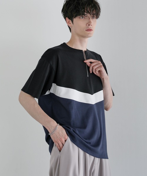 ASTRONOMY(アストロノミー)の「Buyer’s Select/ポンチ×フェイクスウェードVCUT切替ハーフジップTシャツ(Tシャツ/カットソー・メンズ・ブラック系/ネイビー系/グレー系・L/M)」の14枚目の写真