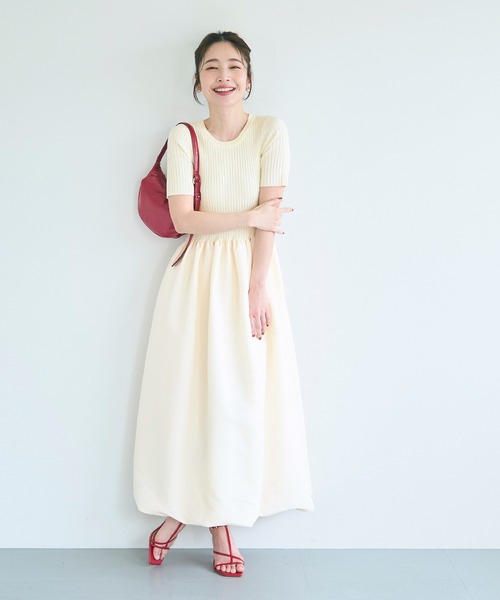 coca（coca）（コカ）の「異素材切り替えバルーンニットワンピース（ワンピース・レディース・アイボリー/ブラック・L/M/S）」の9枚目の写真