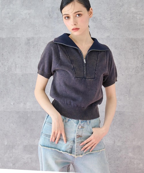 ANAP（アナップ）の「ジップアップ ピグメント 半袖 トップス（Tシャツ/カットソー・レディース・ネイビー/グレー・FREE）」の2枚目の写真