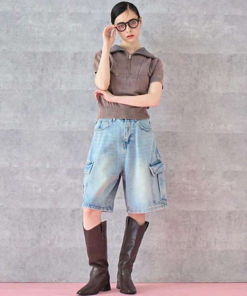 ANAP（アナップ）の「ジップアップ ピグメント 半袖 トップス（Tシャツ/カットソー・レディース・ネイビー/グレー・FREE）」の4枚目の写真