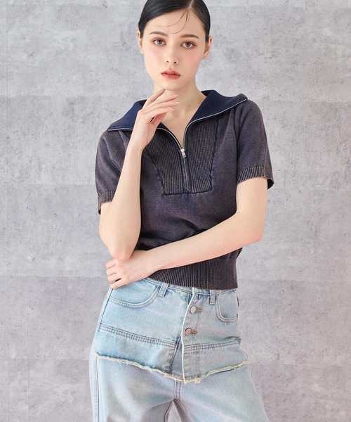 ANAP（アナップ）の「ジップアップ ピグメント 半袖 トップス（Tシャツ/カットソー・レディース・ネイビー/グレー・FREE）」の6枚目の写真