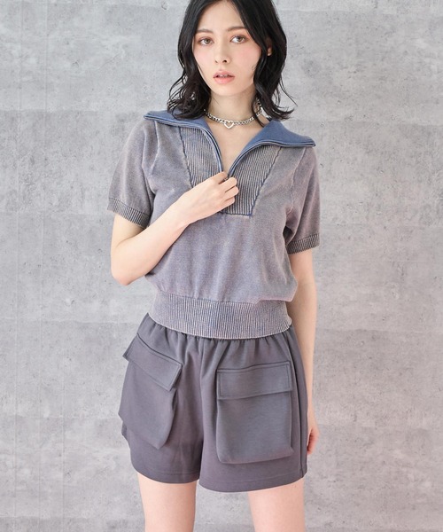 ANAP（アナップ）の「ジップアップ ピグメント 半袖 トップス（Tシャツ/カットソー・レディース・ネイビー/グレー・FREE）」の9枚目の写真