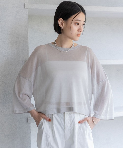 A part by（アパートバイ）の「ラメシアーニット_5分袖（ニット/セーター・レディース・アイボリー/ライトグレー/キャメル・FREE）」の8枚目の写真