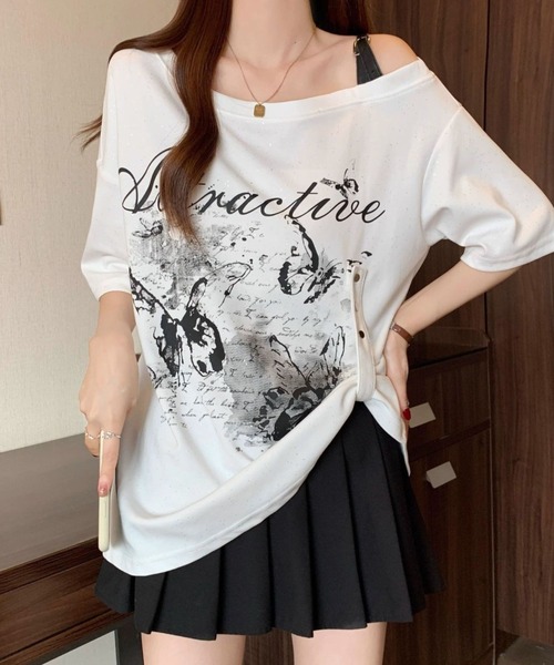 tシャツ 胸プリント肩ベルト付オフショルTシャツ レディース 胸ﾌﾟﾘﾝﾄ肩ﾍﾞﾙﾄ付ｵﾌｼｮﾙTｼｬﾂ（Tシャツ/カットソー）｜SPIGA