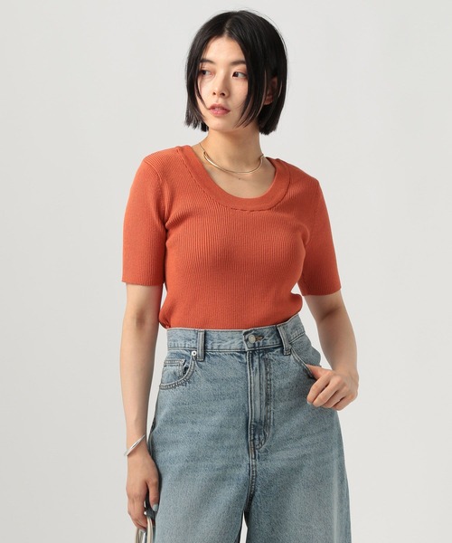 BAYFLOW（ベイフロー）の「[前後で着られる]2WAY半袖リブニット（ニット/セーター・レディース・テラコッタ/ブラック/オフホワイト・FREE）」の3枚目の写真