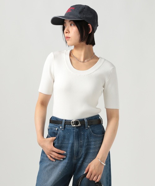 BAYFLOW（ベイフロー）の「[前後で着られる]2WAY半袖リブニット（ニット/セーター・レディース・テラコッタ/ブラック/オフホワイト・FREE）」の2枚目の写真