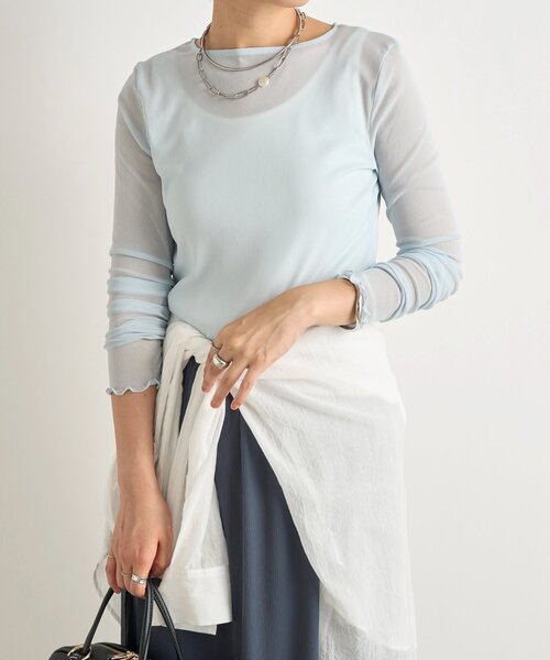 un dix cors(アンディコール)の「《旬の透け感で魅せる》シアークルーネックプルオーバー(Tシャツ/カットソー・レディース・ピンク/チャコールグレー/アイボリー/サックスブルー・FREE)」の1枚目の写真