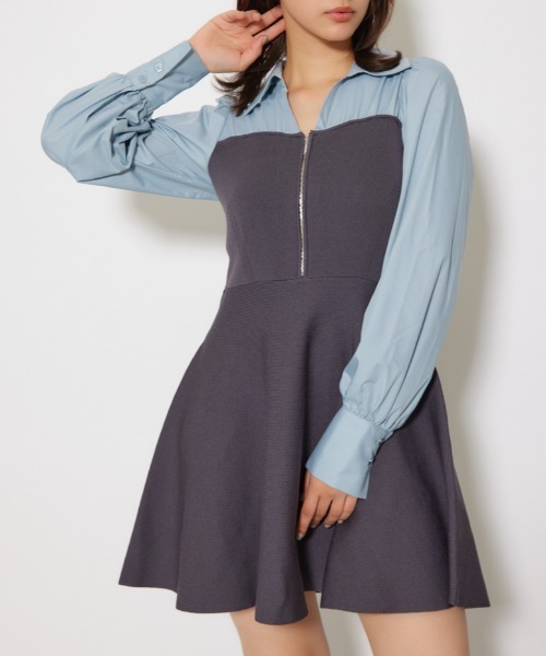 rienda(リエンダ)の「シャツドッキングフレアニットミニワンピース 秋服(ワンピース・レディース・ブラウン/ダークグレー/ブラック・FREE)」の1枚目の写真
