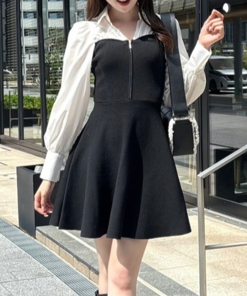 rienda(リエンダ)の「シャツドッキングフレアニットミニワンピース 秋服(ワンピース・レディース・ブラウン/ダークグレー/ブラック・FREE)」の2枚目の写真