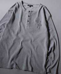 20026AW Cross Motif Damage Processing Thermal/ヴィンテージライク クロスモチーフ ショート丈 サーマル ワッフル ヘンリーネック ロンT 長袖Tシャツ