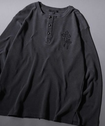 20026AW Cross Motif Damage Processing Thermal/ヴィンテージライク クロスモチーフ ショート丈 サーマル ワッフル ヘンリーネック ロンT 長袖Tシャツ