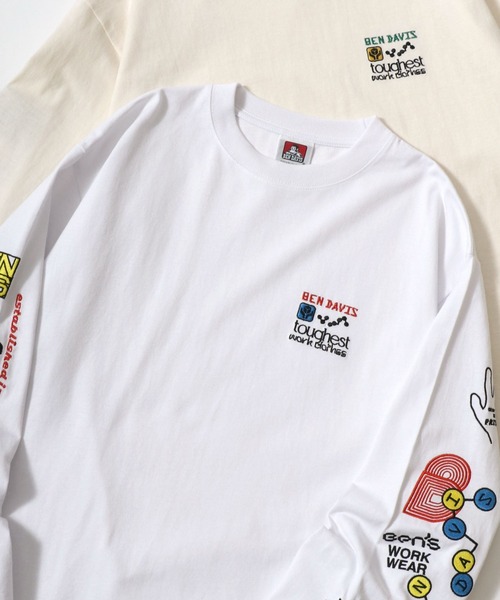 BEN DAVIS(ベンデイビス)の「BEN DAVIS/ベンデイビス MULT-CULTURAL EMB LS TEE/オーバーサイズ ストリート 袖プリント ロゴ ワンポイント刺繍 ロングスリーブTシャツ/ロンT/レディース メンズ/2025AW 秋冬(Tシャツ/カットソー・メンズ・ホワイト/ブラック/オフホワイト・M/L/XL)」の2枚目の写真