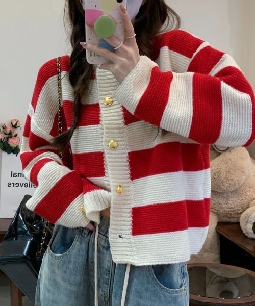 cammie(キャミー)の「ワイドボーダーニットカーディガン(カーディガン/ボレロ・レディース・ブラック/ピンク/レッド・FREE)」の12枚目の写真