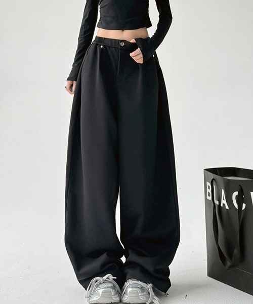 VIBGYOR（ヴィブジョー）の「バレルレッグワイドスウェットパンツ / 裏起毛 ルーズシルエット ボトム(CZ)（スウェットパンツ・レディース・ブラック/ホワイト・LARGE/MEDIUM）」の3枚目の写真