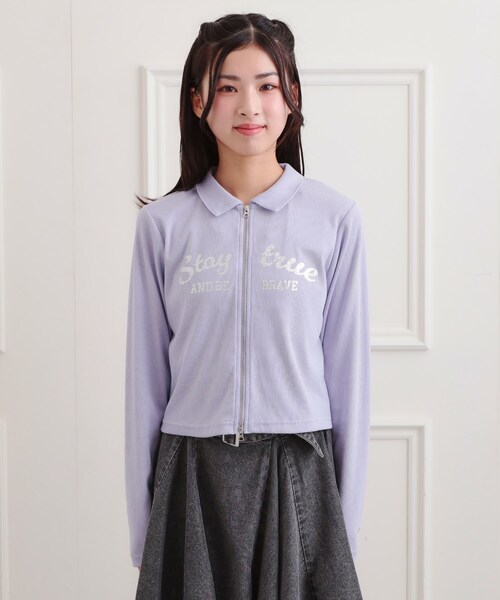 PINK-latte（ピンクラテ）の「◆衿付きダブルジップテレコ（Tシャツ/カットソー・キッズ・ダークオリーブ/チャコールグレー/オフホワイト/パープル・16/15 /14/13）」の5枚目の写真